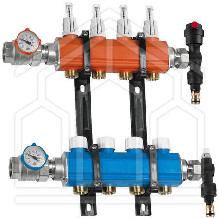 1002.C COLLETTORE PREMONTATO ø1"F 3+3 DERIVAZIONI ø3/4"M CON FLUSSOMETRO, 2 VALVOLE A SFERA CON TERMOMETRO E GRUPPO TERMINALE DI SCARICO POLIMERO