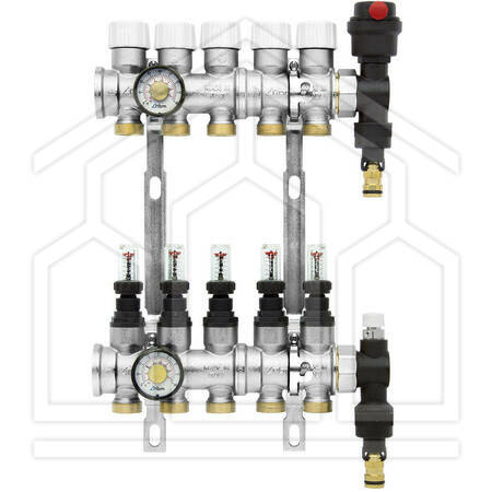 3202.B KIT COLLETTORE PREMONTATO OTTONE ø1" 9+9 DERIVAZIONI CON FLUSSOMETRO E GRUPPO TERMINALE SCARICO